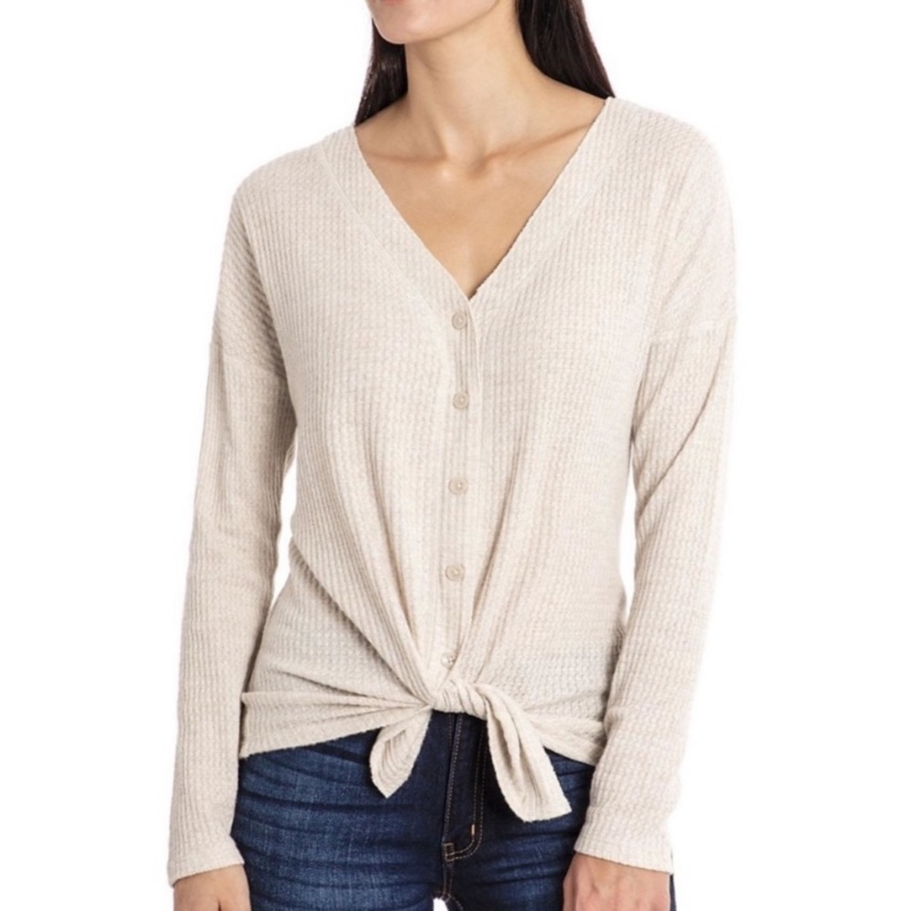 Long Sleeve Button Down Top cream waffle knit Isaac Mizrahi